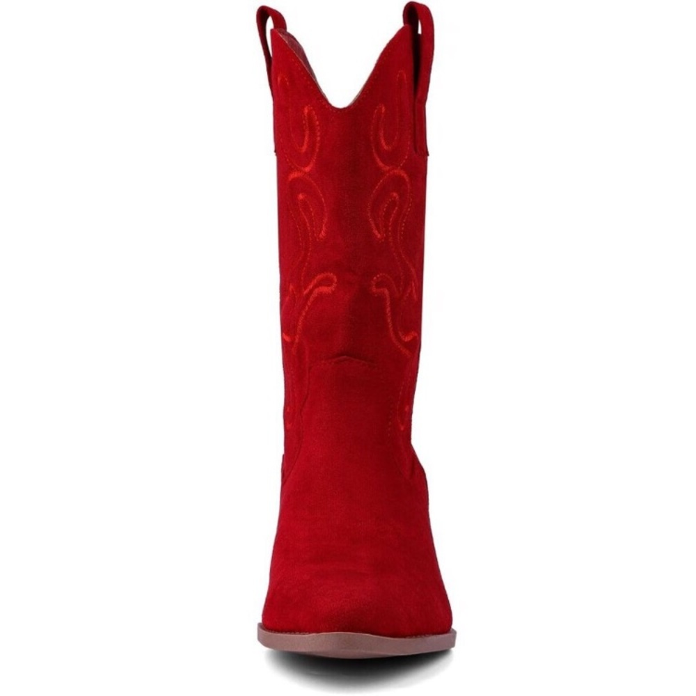 Women Red Suede Mid Calf Chunky Block Heel Western Embroidered Cowgirl Boot - Picture 3 of 8